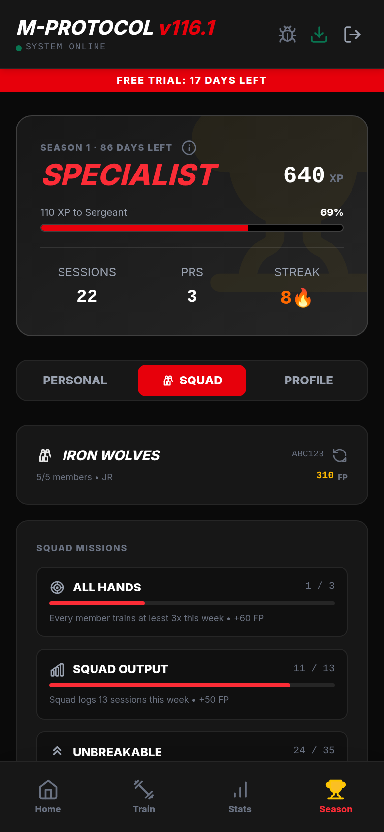 The squad screen with five members and this week's squad missions